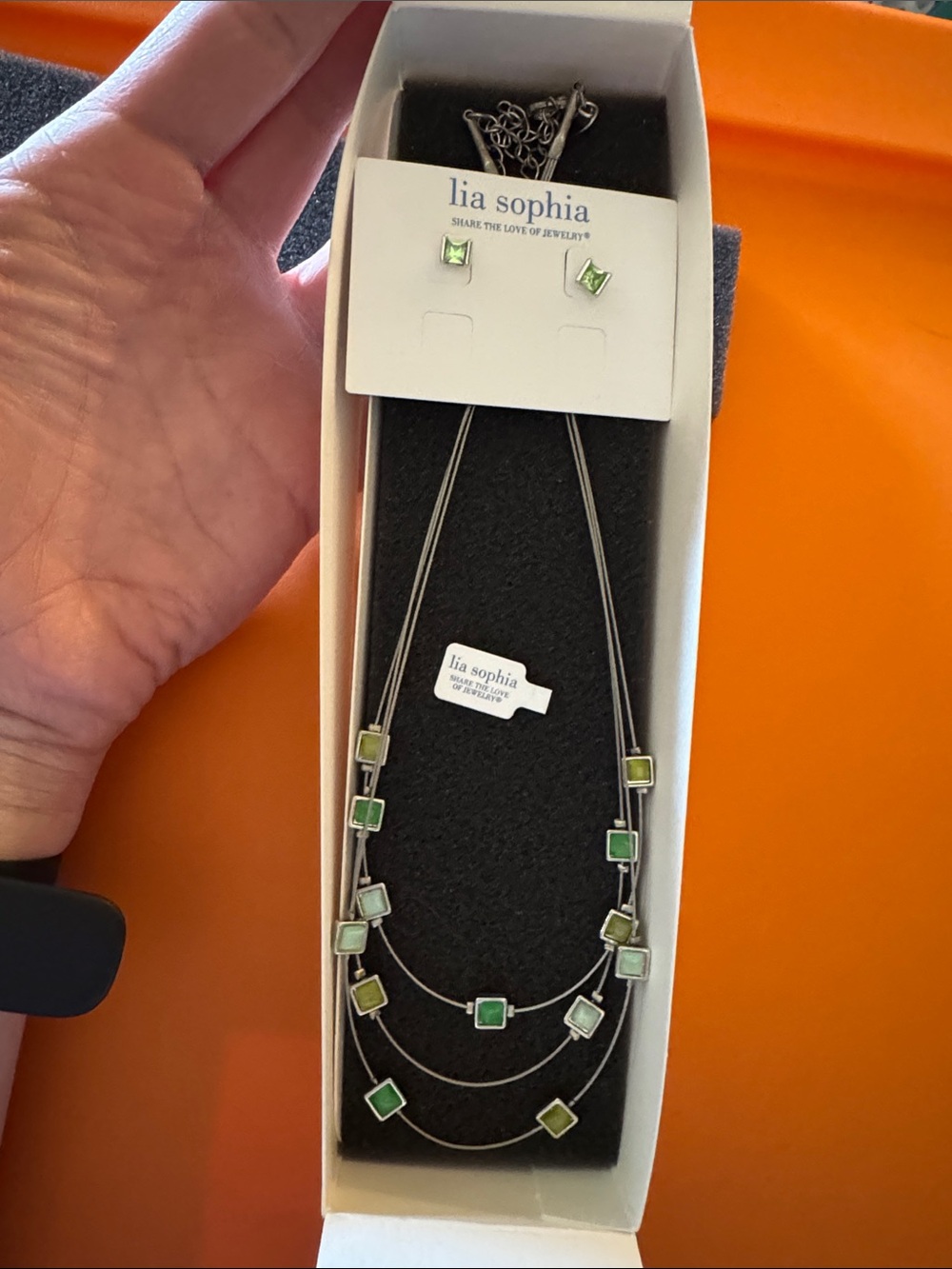 Lia Sophia Green Multi-Strand Square Pendant Necklace with Matching Studs